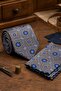 Beige Blue Motif Pattern Classic Tie with Handkerchief Kk13754 - 2