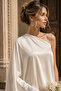Beige- Women's Silk Satin One-Shoulder Stylish Blouse - 3