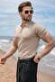 Stone Color Regular Fit Polo Collar Knitwear Men's T-Shirt E7503 - 4