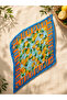 Citrus Lemon and Leaf Patterned Gold Ring Detailed 55×55 Blue Color Pleated Diagonal Scarf Bandana - 2