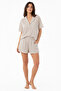 Organic Cotton Beige Striped Textured Shirt Collar Women's Shorts Pajama Set