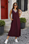 Women's V-Neck Stripe Detailed Long Viscose Dress with Pockets - 3