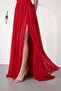 Women's Red Rope Strap Slit Chiffon Tulle Long Evening Dress - 4