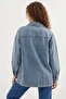 Women's Shirt Collar Double Pockets Oversize Cotton Ice Blue Jacket - 7