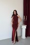 Burgundy draped halter neck stone evening dress