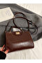 Coffee Brown Croc-Embossed Top Handle Handbag - 6