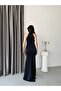 Navy Blue Draped Halter Neck Stone Embellished Evening Dress - 7