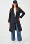 Women's Double Breasted Collar Belted Navy Blue Trench Coat - 2