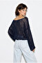 Women's Navy Blue Boat Neck Sequined Mesh Textured Bat Sleeve Crop Blouse 2765 60286345 - 6