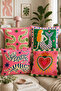Bohemian Folk Art Patterned Set of 4 Decorative Throw Pillow Covers Pink Green Living Room Sofa Cushion (Double Sided)