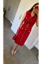 Front Gold Buttoned Belted Dress Red - 5
