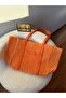 Women's Orange Bonjour Straw Tote Bag - Large Size Shoulder Bag with Tan Leather Strap