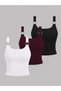 Women's 3-Pack Ring Detail Black - White - Claret Red Slimfit Body-Fitting 100% Cotton Lycra Basic Blouse