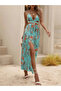 Women's Rope Strap Halter Neck V-Neck Slit Long Patterned Single Jersey Turquoise Dress - 2