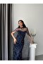Navy Blue Beaded Embroidered Long Evening Dress with Transparent Cape - 3