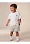 Boy's 2-Piece Set: Front and Back Printed Combed Cotton T-Shirt and Double-Pocket Knitted Shorts in Navy Blue with Stripes.
