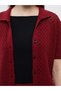 Burgundy Shirt Collar Openwork Women's Knitwear Cardigan - 3