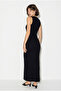 Women's Black Stone Embroidered Crew Neck Thick Strap Ribbed Wrap Maxi Dress Öe261008 60286401 - 4