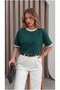 Women's Nefti Green and White Piping Garnished Medium Thick Soft Fabric Crew Neck Half Oversize Casual T-Shirt