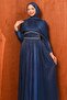 Navy Blue Draped Janjan Evening Dress with Stones on the Waist - 2