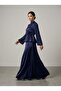 High Collar Tie-Back Detailed Blouse & Flared Maxi Skirt - Satin Set - 6