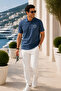 Men's Smoke Blue Polo Collar Embroidered Pique T-Shirt - 3