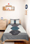 Blue Geometric Modern Young Room Single Pique Set - Gray Quilted 160X220 cm Bedspread - 6