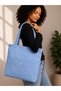 Women's Light Blue Zippered Hand and Shoulder Bag Fabric Tote Bag Canvas Bag School Bag - 6