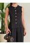 Mona Gold Button Detailed Women's Linen Vest and Trousers Set – Black - 3