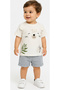 Baby Boy Teddy Bear Patterned Linen Shorts Set with Snap Closure on the Shoulder - 2