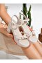 Women's Beige Round Toe Strappy Lightweight Comfortable Sandals with Padded Heel