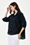 Women's Black Italian Shawl Pattern Scalloped Folded Long Sleeve Oversize Shirt 40 - 46 Size - 2