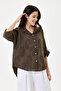 Women's Brown Italian Shawl Pattern Scalloped Folded Long Sleeve Oversize Shirt 40 - 46 Size - 2