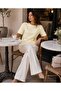 Women's Gold Buckle Detailed Gathered Waist Crew Neck Short Sleeve Fitted Summer Blouse