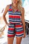 Women's Strappy Front Zipper Short Jumpsuit with Elastic Waist and Patterned Laces - 3