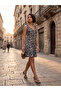 Women's Black Colorful Patterned V-Neck Sleeveless Skirt with Ruffles Comfortable Fit Viscose Elastane Fabric Dress - 3