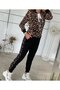 Women's Long Sleeve Front Zipper Leopard Print Detailed Viscose Two Thread Fabric Two-Piece Set - 3