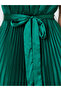 Green Satin Pleated Midi Dress with Tie Waist - 4