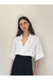 Linen Look Retro Model Loose Short Sleeve Shirt Women's Snow White - 6