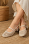 Cream Knitted Textured Strap Women's Heeled Sandals – Casual and Stylish Summer Footwear - 3