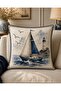 Mediterranean Inspired Marine Sea Themed Anchor and Sailboat Patterned Digital Printed Set of 4 Throw Pillow Covers + Gift Table Runner - 4