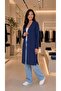 Women's Indigo Navy Blue Color Long Slit Basic Cardigan - 2