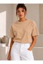 Women's Beige Basic T-Shirt - Basic Comfortable Cut Crew Neck Cotton T-Shirt