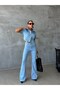 Women's Lycra Denim Set - Short Sleeve Pocket Detailed Denim Jacket and Spanish Flare Pants Two-Piece Set - 3