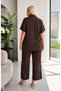 Women's Plus Size Loose Fit Shirt Collar Textured Linen Bottom - Top Set 29000 - 7