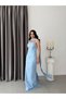 Baby Blue Strapless Floral Stone Embroidered Long Evening Dress with Shawl Detail - 4