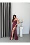 Burgundy Polka Dot Flounce Slit Strapless Evening Dress - 3