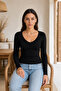 Black Stretch Fabric V-Neck Long Sleeve Slim Fit Blouse 2200 - 2