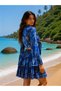 Blue Color Gold Detailed Silk Short Skirt Blouse Set - 3