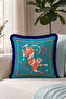 Exotic Tiger Figured Fringed Pillowcase-Safari Turquoise Tile Navy Blue Tassel Throw Pillow Cover - 5